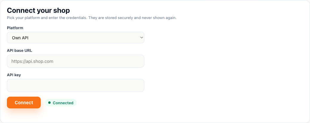 Connect Dandomain via the Own API screen in the portal