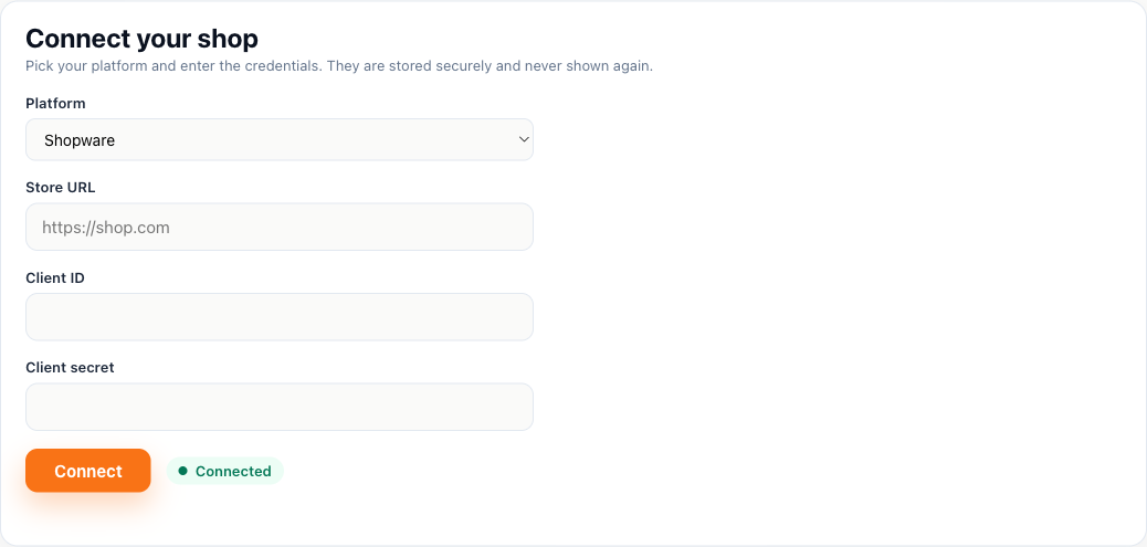 The Shopware connect screen in the Shelfshoot portal
