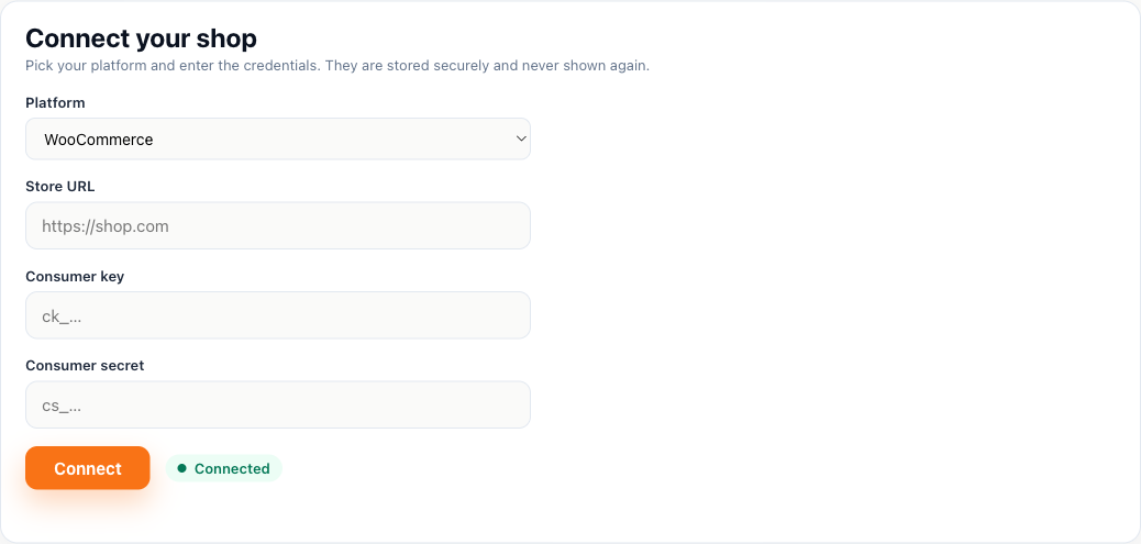 The WooCommerce connect screen in the Shelfshoot portal