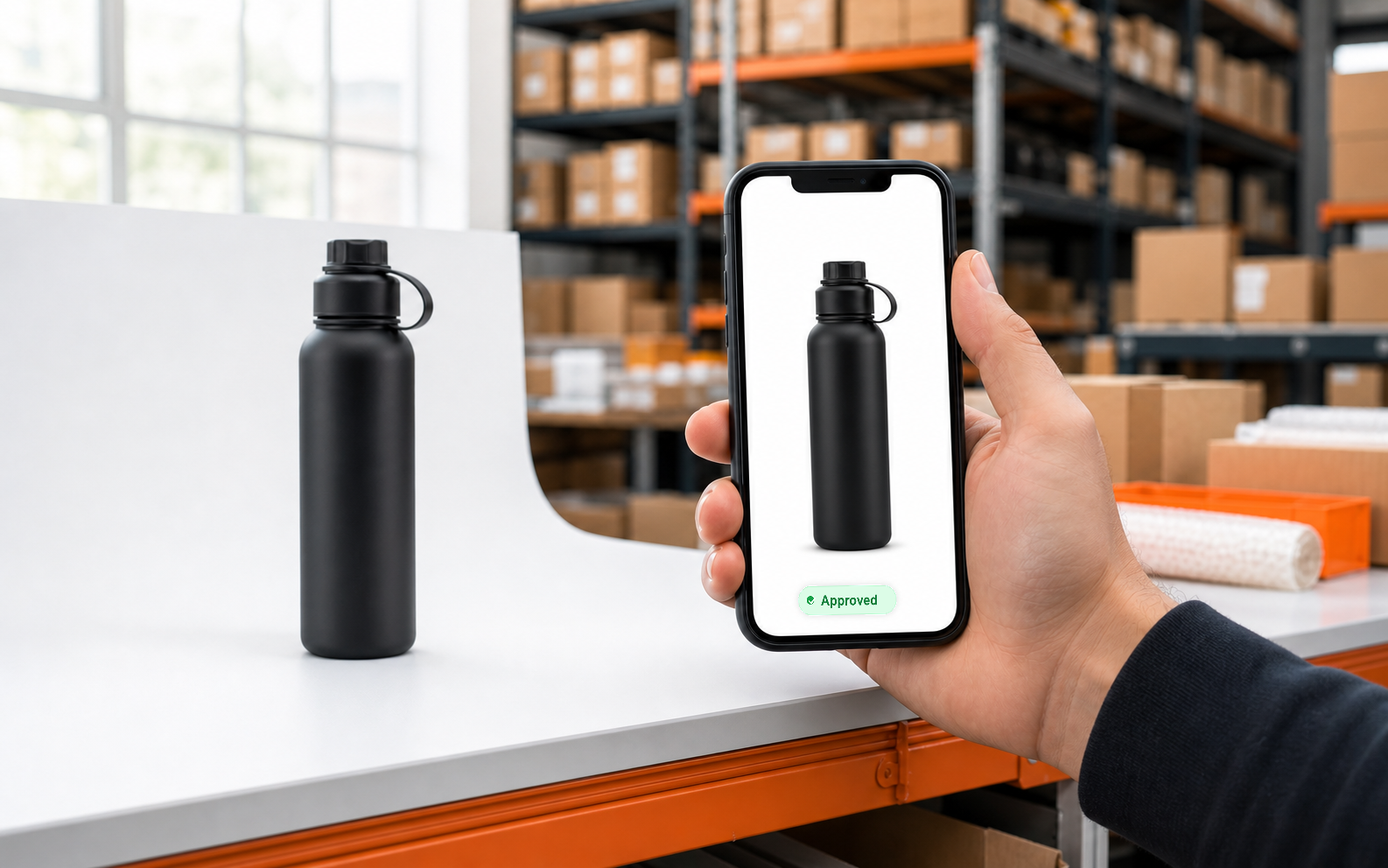 Warehouse product photo capture with approved product output on the phone